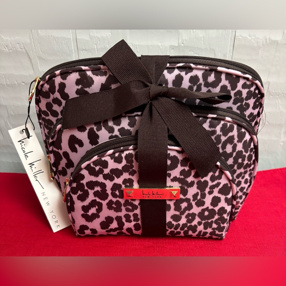 Nicole Miller Pink/Brown Leopard Print 3piece Cosmetic Bag Set - Picture 5 of 5
